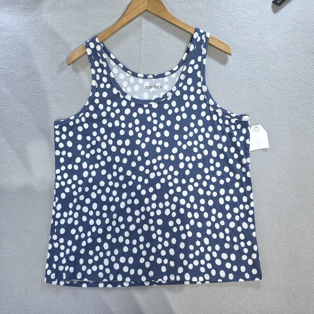 NWT Softies Cottagecore Polka Dot Ribbed Tank Top XL Retro Preppy Blue White